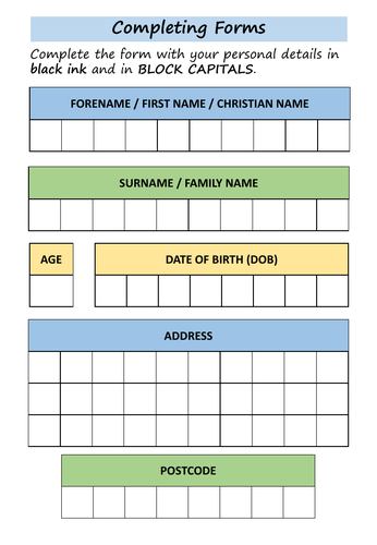 Form Filling Functional Skills English Entry Level 2 Teaching 