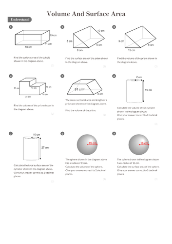 Volume And Surface Area Worksheet Answers Foundation Gcse