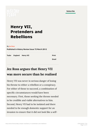 Tudor Rebellions Intro to Course and Henry VII | Teaching Resources