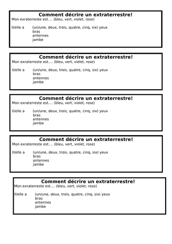 French Sentence Word Bank to Describe Aliens | Teaching Resources