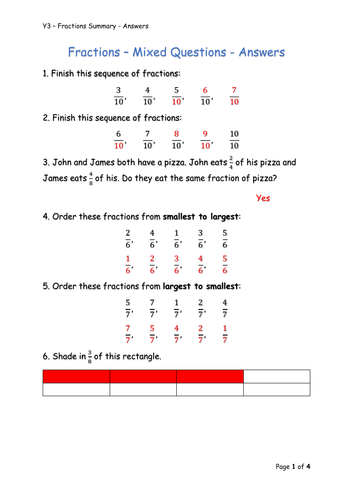 Y3 Maths - Fractions - Summary Qs | Teaching Resources