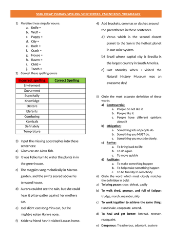 ks2 ks3 spag grammar worksheet plurals parentheses