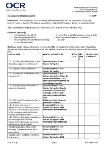 PAG 3.1 Random Sampling OCR A Bio | Teaching Resources