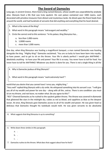 KS2/KS3 Comprehension Greek myths and legends Sword of Damocles ...