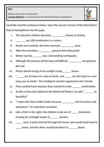 ks2 ks3 spag homophones grammar there their theyre worksheet