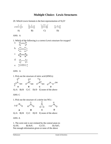 LEWIS STRUCTURES and RESONANCE Multiple Choice Grade 12 Chemistry WITH ANSWERS (11PGS)