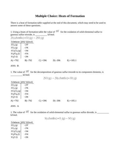 ENTHALPY FROM HEATS OF FORMATION Multiple Choice Grade 12 Chemistry WITH ANSWERS