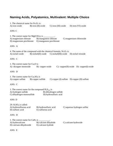 NAMING COMPOUNDS Multiple Choice Grade 11 Chemistry Ionic Covalent Polyatomic WITH ANSWERS (17 PGS)