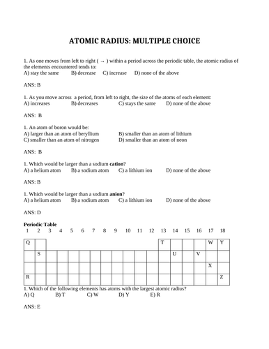 ATOMIC RADIUS Atom Size Ion Size Multiple Choice Grade 11 Chemistry WITH ANSWERS (14PG)