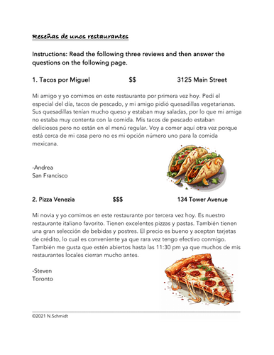 Restaurant Reviews Spanish Reading + Writing Assignment: Reseñas de ...