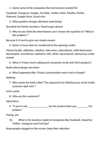 The Social Dilemma Worksheet Answer Key