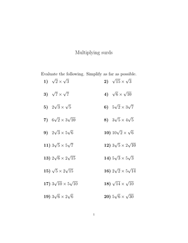 Multiplication Of Surds Worksheet