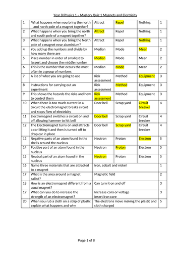 Year 8 Physics Mastery Quizzes, answers and next steps