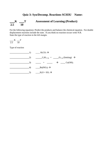 Balancing and Reaction Quiz and Test Package Grade 11 Chemistry #7