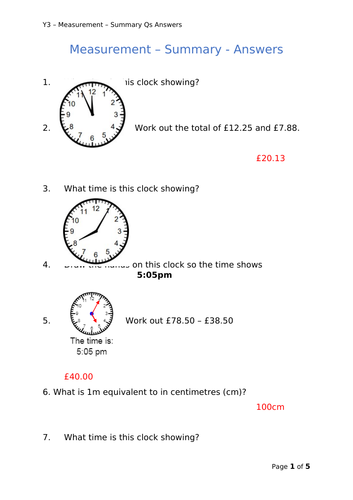 Y3 Maths - Measurement - Mixed Questions