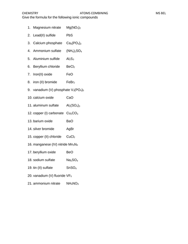 Naming Ionic Compounds and Writing Formula of Ionic Compounds Worksheet ...