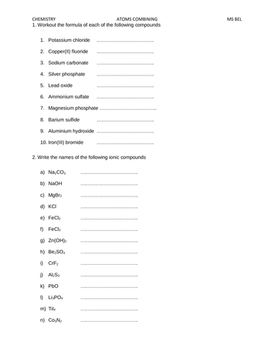 Naming Ionic Compounds and Writing Formula of Ionic Compounds Worksheet ...