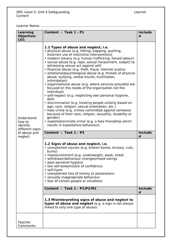 CTEC Level 2 Health & Social Care Unit 4 Safeguarding planning 2021 ...