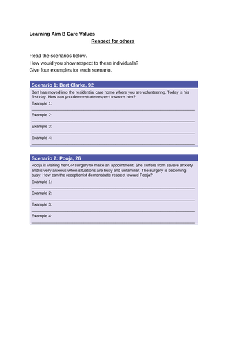Care Values Respect Scenarios Worksheet Handout Health and Social care BTEC Level 2