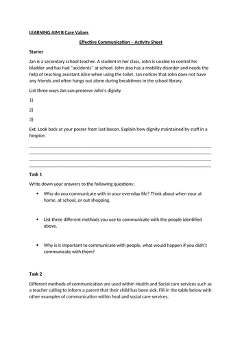 Care Values Effective Communication Activities Worksheet Handout Health and Social Care BTEC Level 2
