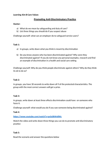 Care Values Promoting Anti-discriminatory Practice Activities Worksheet