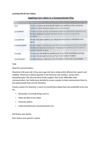 Applying Care Values in a compassionate way Activities Worksheet Health and Social Care