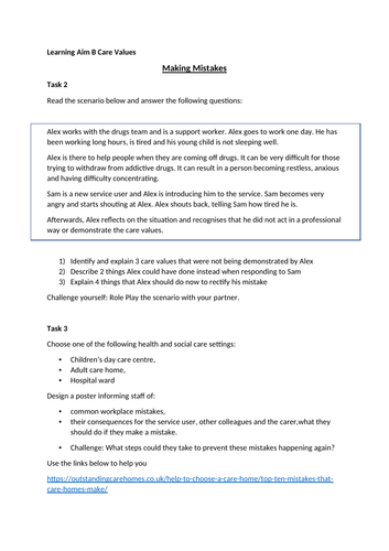 Care Values Making Mistakes Activities Worksheet Health and Social Care BTEC Level 2
