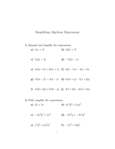 Simplifying algebraic expressions worksheet no 3 (with solutions ...