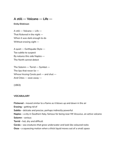 'A Still - Volcano - Life -' by Emily Dickinson - Study Guide ...