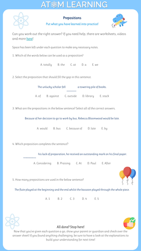 Prepositions: Worksheet with Answers and Explanations | Teaching Resources