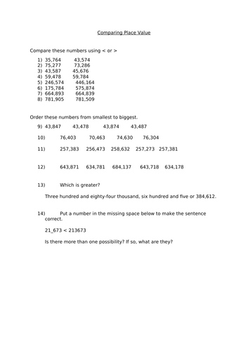 Year 5 Place Value - Comparing numbers to 1 million