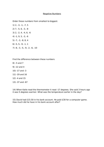 Year 5 Place Value - Negative Numbers