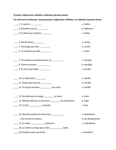 Worksheet indicative v subjunctive infinitive | Teaching Resources