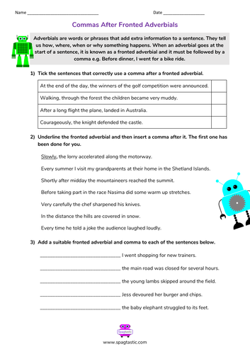 Fronted Adverbials Year 4 Worksheet Tes