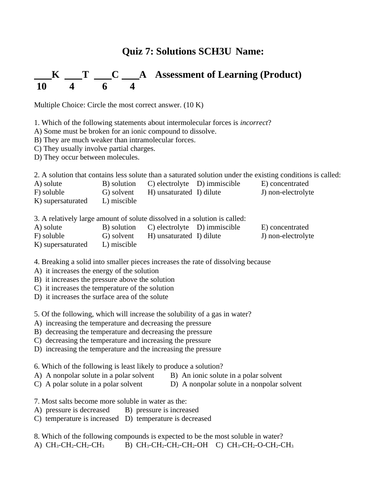 Solutions and Solubility Quiz and Test Package Grade 11 Chemistry #7