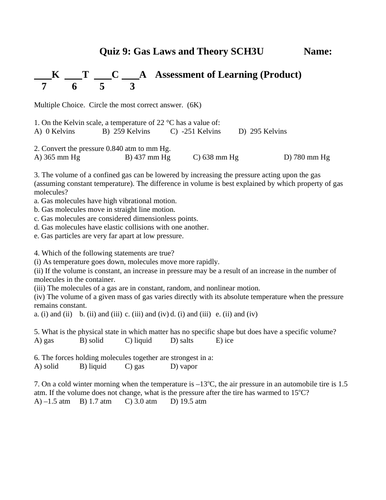 Gases Quiz and Test Package Grade 11 Chemistry #7