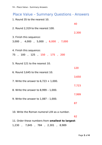 Y4 Maths - Place Value - Mixed Questions