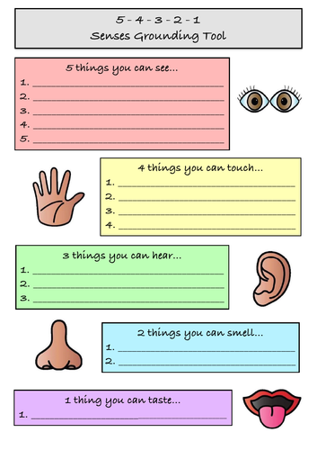 5 4 3 2 1 Senses Grounding Tool Worksheet (Writing/Drawing) Teaching