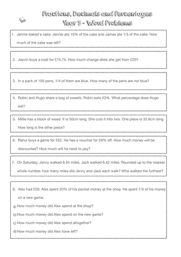 Y5 Fractions, Decimals and Percent Lesson 19 - Word Problems - Year 5 ...