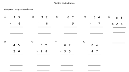 written multiplication 2 by 2 digit worksheets teaching resources