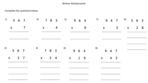 written multiplication 3 by 2 digit worksheets teaching resources