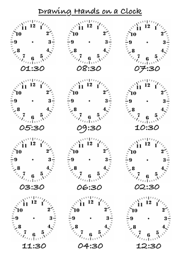 drawing hands on a clock worksheets to the hour and half hour teaching resources