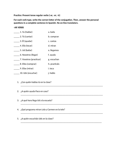 Regular verbs present tense practice | Teaching Resources