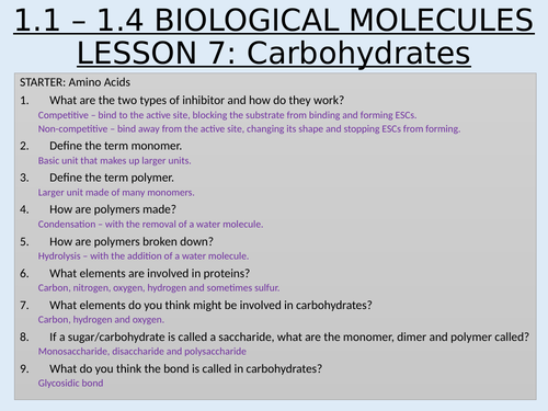 AS Topic 1 Biological Molecules 1.1 - 1.4 Biological Molecules and Enzymes Lesson 7 Carbohydrates