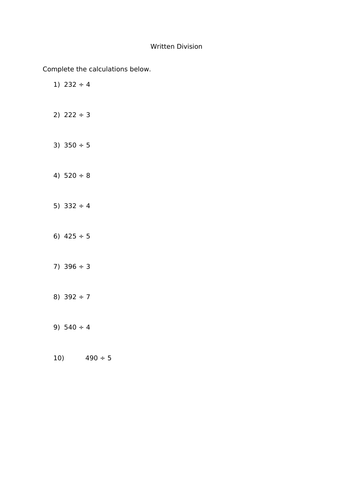 Written Division (3-digit by 1-digit with no remainders) Worksheets