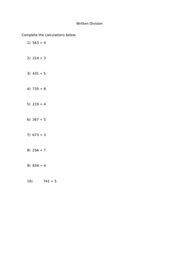 written division 3 digit by 1 digit worksheets teaching resources