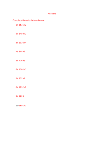 written division 4 digit by 1 digit worksheets teaching resources