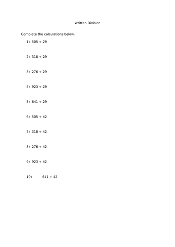 written division 3 digit by 2 digit worksheets teaching resources