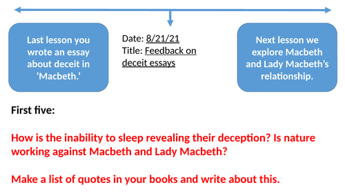 Macbeth: Feedback lesson on the theme Deceit with example writing ...