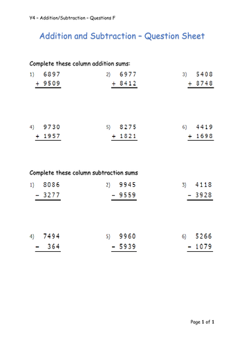 Y4 Maths - Addition/Subtraction (Free) | Teaching Resources